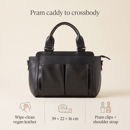 Little Teekie Convertible Pram Caddy | Vegan Leather, Insulated Bottle Pockets – Black – key features