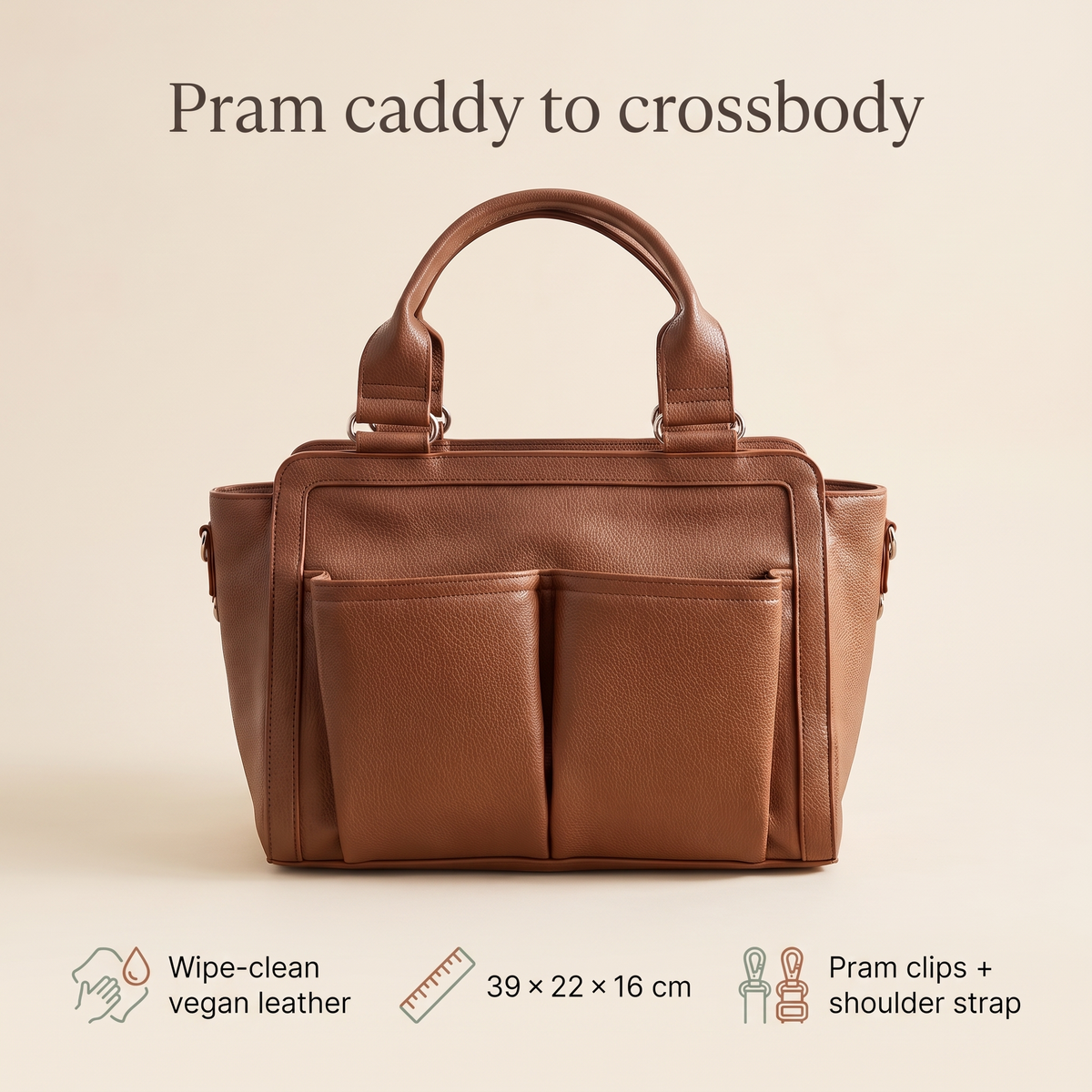 Little Teekie Convertible Pram Caddy | Vegan Leather, Insulated Bottle Pockets – Pebbled Tan – key features