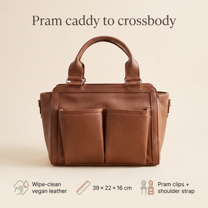 Little Teekie Convertible Pram Caddy | Vegan Leather, Insulated Bottle Pockets – Pebbled Tan – key features