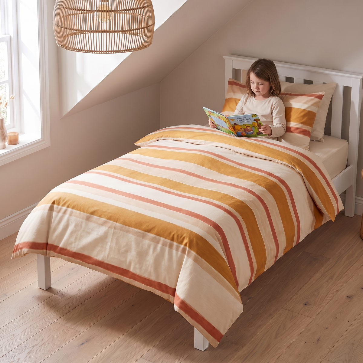 Little Teekie Organic Cotton Kids Quilt Cover | Single 140x210cm – Sun-Soaked Stripe – in use, shows scale