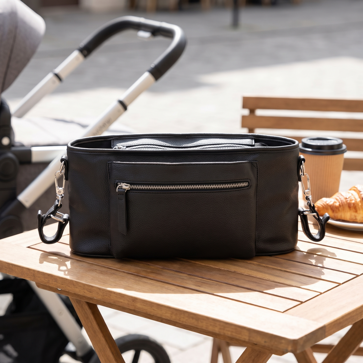 Little Teekie Compact Pram Caddy | Vegan Leather 36cm with Pram Clips – Black – lifestyle hero