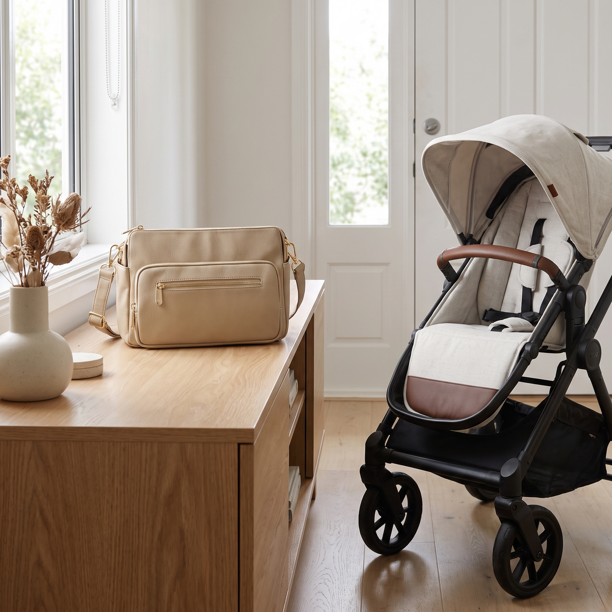 Little Teekie Convertible Pram Caddy | Vegan Leather with Shoulder Strap – Oat – lifestyle hero