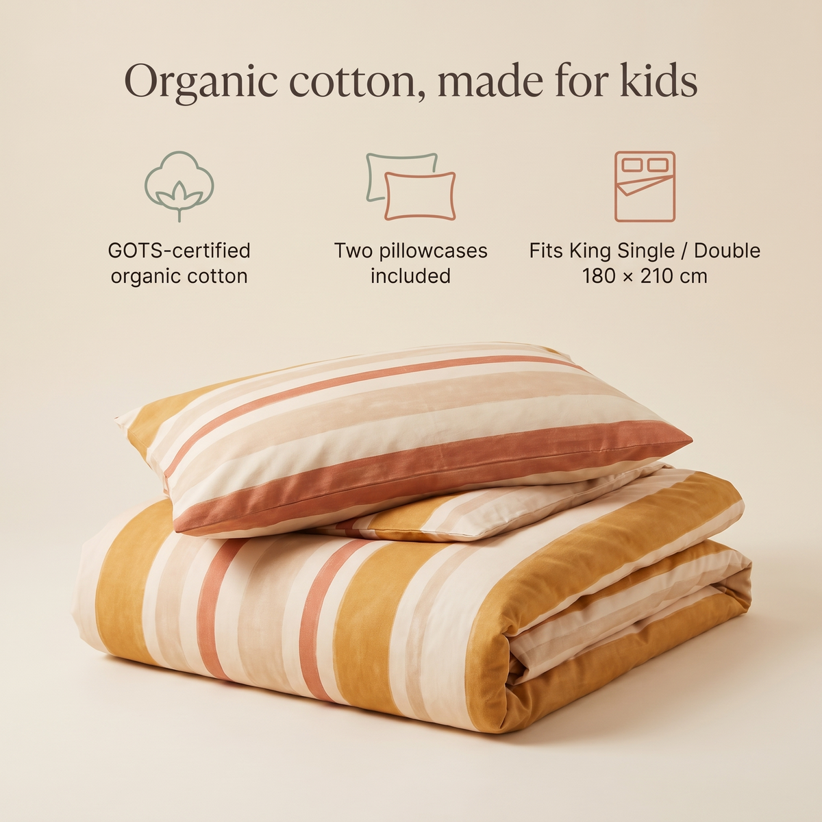 Little Teekie Organic Cotton Kids Quilt Cover | King Single/Double 180x210cm – Sun-Soaked Stripe – key features