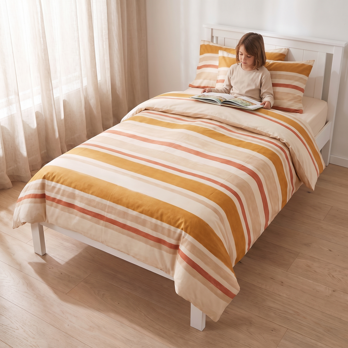 Little Teekie Organic Cotton Kids Quilt Cover | King Single/Double 180x210cm – Sun-Soaked Stripe – in use, shows scale