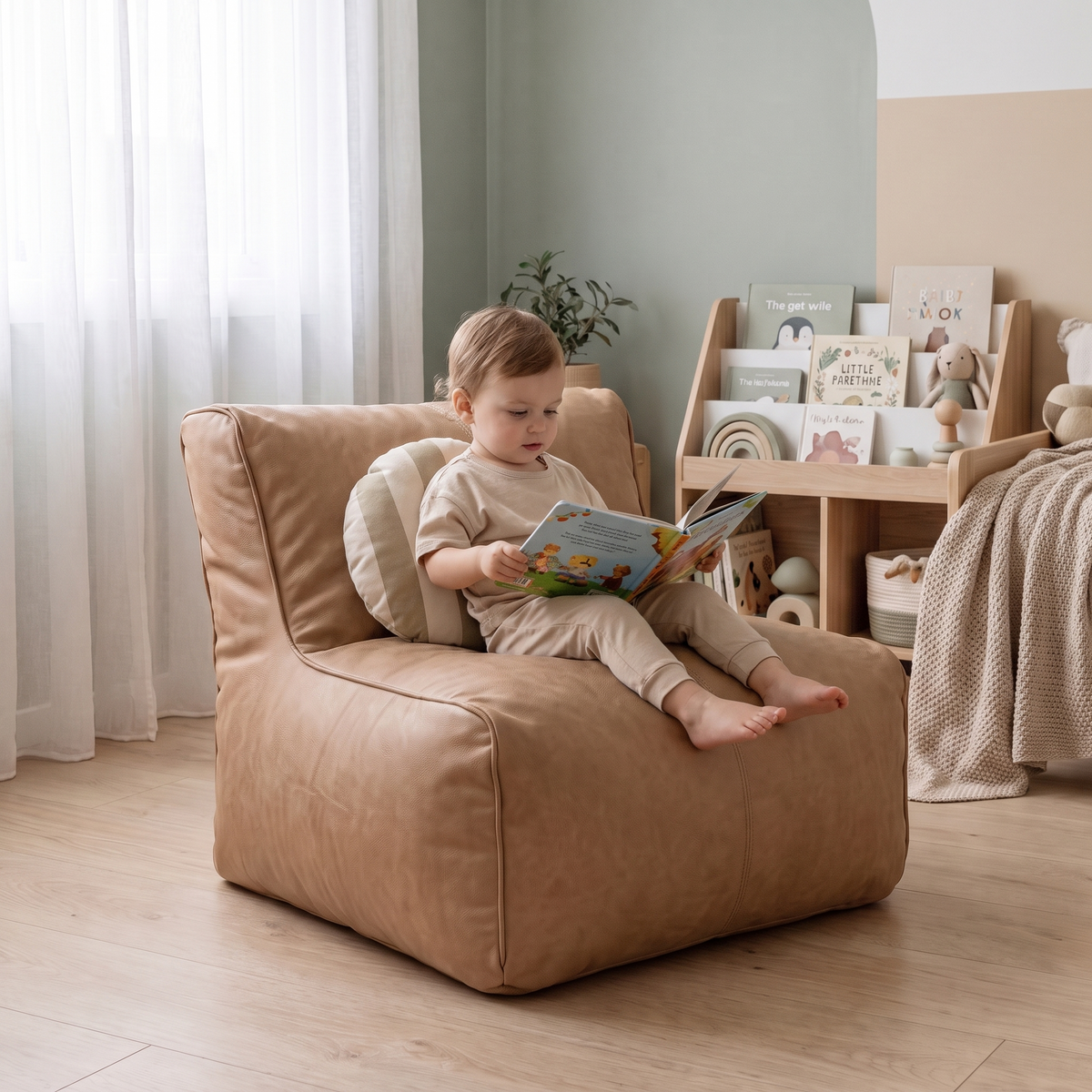 Little Teekie Kids Bean Bag Lounger Cover | Vegan Leather Cube 60cm – Tan – in use, shows scale