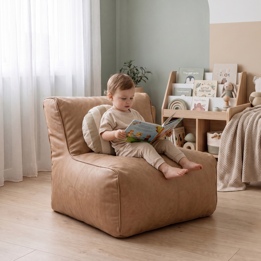 Little Teekie Kids Bean Bag Lounger Cover | Vegan Leather Cube 60cm – Tan – in use, shows scale