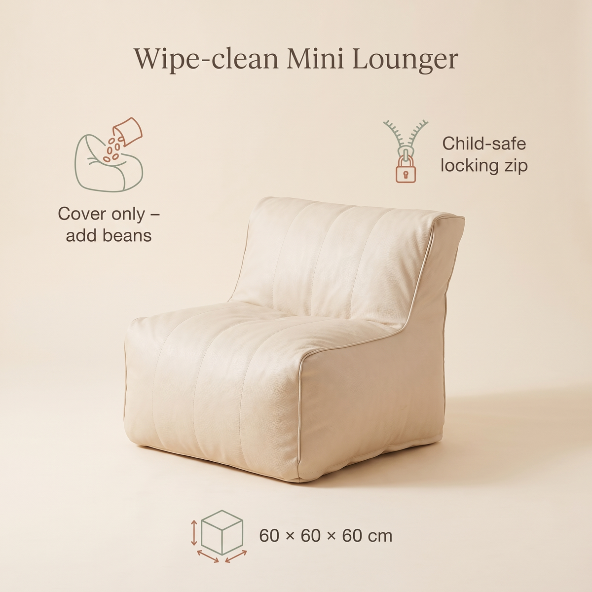 Little Teekie Kids Bean Bag Lounger Cover | Vegan Leather Cube 60cm – Ecru – key features