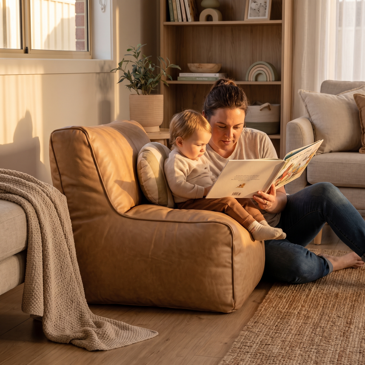Little Teekie Kids Bean Bag Lounger Cover | Vegan Leather Cube 60cm – Tan – styled in a living room