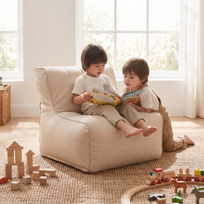Little Teekie Kids Bean Bag Lounger Cover | Vegan Leather Cube 60cm – Ecru – styled in a nursery