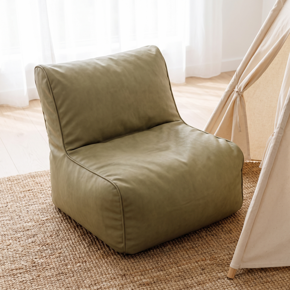 Little Teekie Kids Bean Bag Lounger Cover | Vegan Leather Cube 60cm – Sage – lifestyle hero