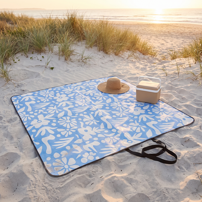 Little Teekie Waterproof Picnic Rug | Roll-Up 2x2m with Foam Lining – Butter Blue Check – styled in a park