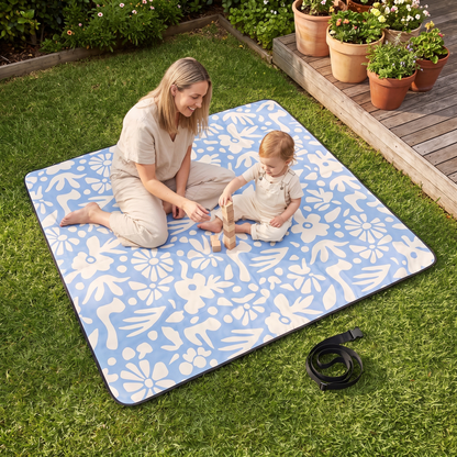 Little Teekie Waterproof Picnic Rug | Roll-Up 2x2m with Foam Lining – Butter Blue Check – in use, shows scale