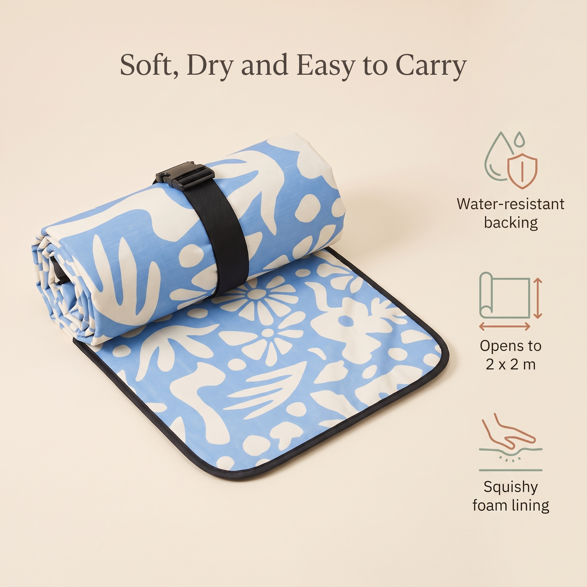 Little Teekie Waterproof Picnic Rug | Roll-Up 2x2m with Foam Lining – Butter Blue Check – key features