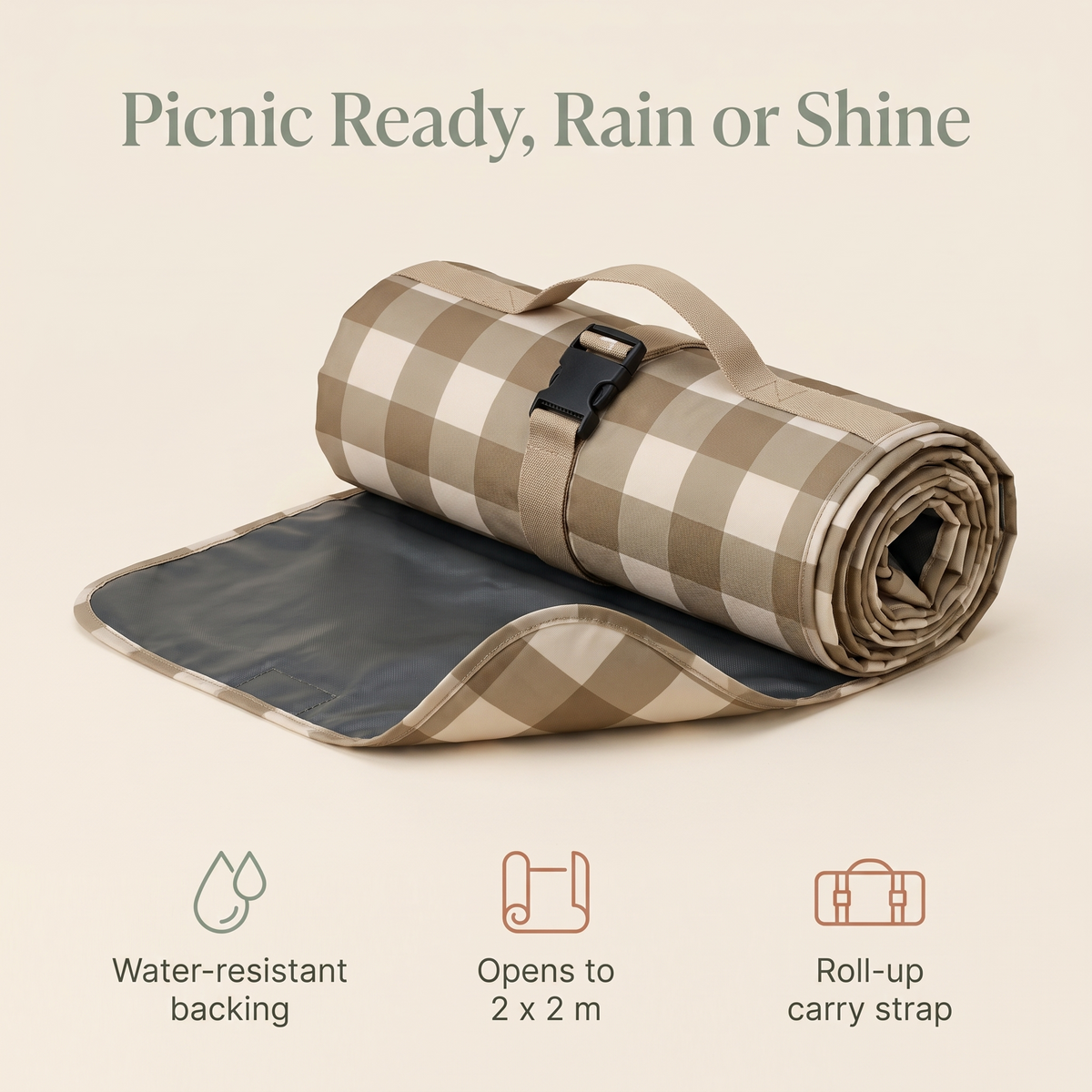 Little Teekie Waterproof Picnic Rug | Roll-Up 2x2m with Carry Strap – Olive Check – key features