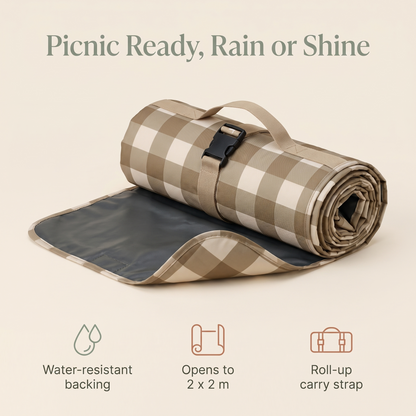 Little Teekie Waterproof Picnic Rug | Roll-Up 2x2m with Carry Strap – Olive Check – key features