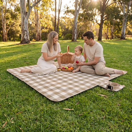 Little Teekie Waterproof Picnic Rug | Roll-Up 2x2m with Carry Strap – Olive Check – in use, shows scale