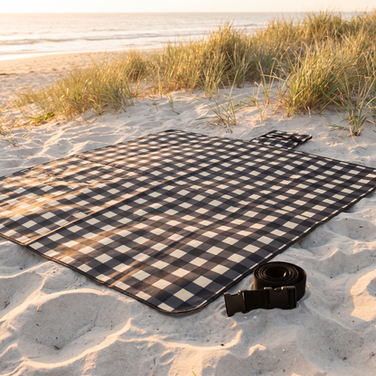 Little Teekie Waterproof Picnic Rug | Roll-Up 2x2m with Peg Loops – Black Check – lifestyle hero