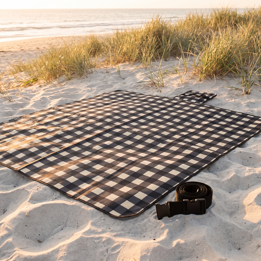 Little Teekie Waterproof Picnic Rug | Roll-Up 2x2m with Peg Loops – Black Check – lifestyle hero