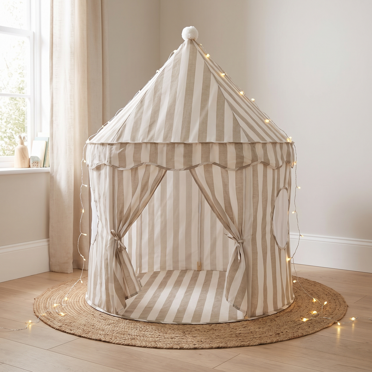 Little Teekie Pop-Up Play Tent | Cotton, Mesh Windows & Pom-Pom Roof – Sage Stripe – lifestyle hero