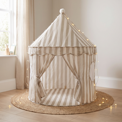 Little Teekie Pop-Up Play Tent | Cotton, Mesh Windows & Pom-Pom Roof – Sage Stripe – lifestyle hero