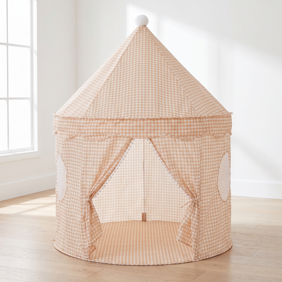 Little Teekie Pop-Up Play Tent | Cotton, Mesh Windows & Pom-Pom Roof – Peach Gingham – lifestyle hero