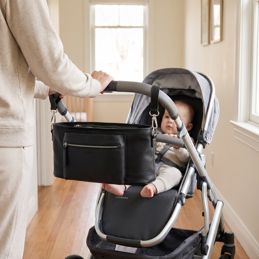 Little Teekie Compact Pram Caddy | Vegan Leather 36cm with Pram Clips – Black – in use, shows scale