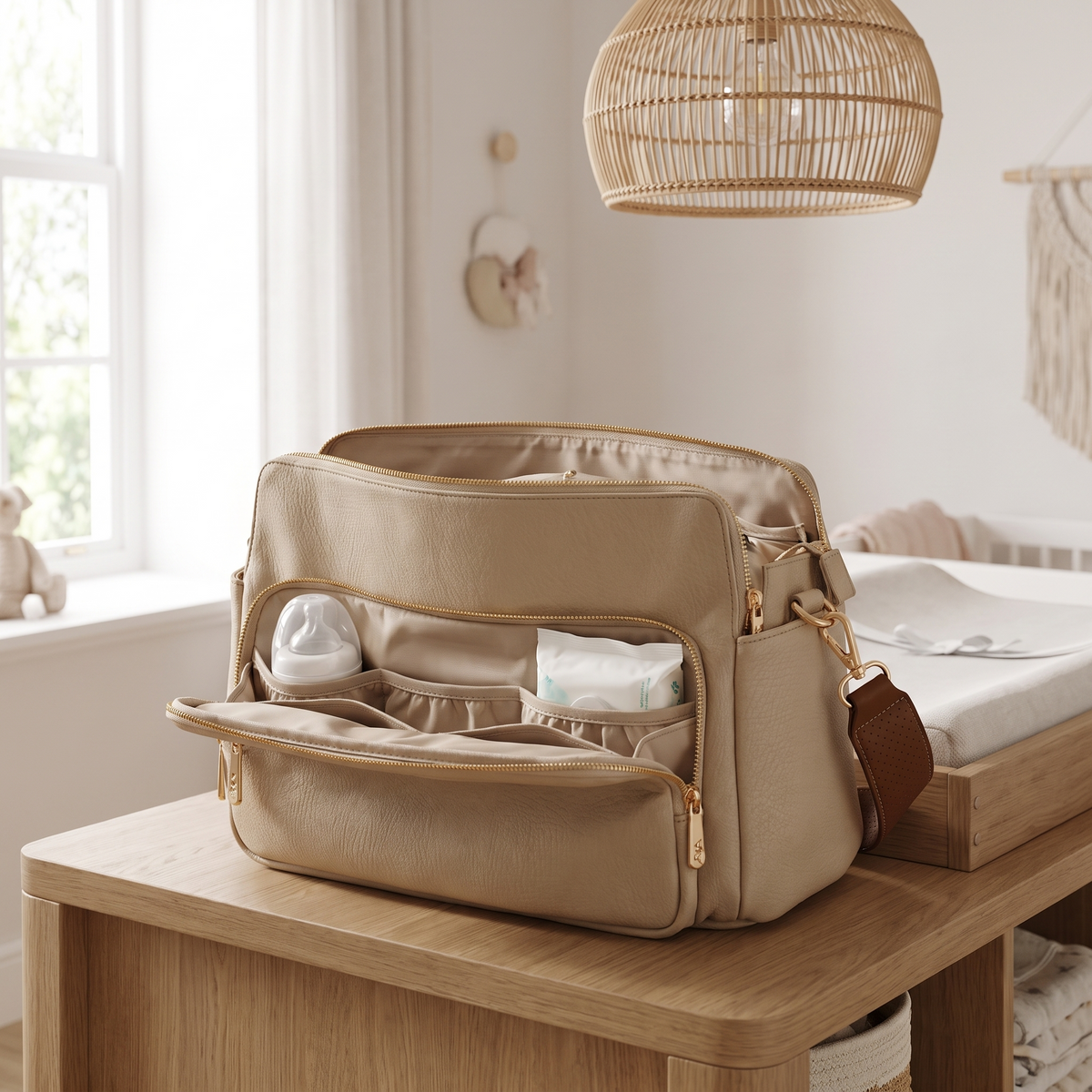 Little Teekie Convertible Pram Caddy | Vegan Leather with Shoulder Strap – Oat – styled in a park setting