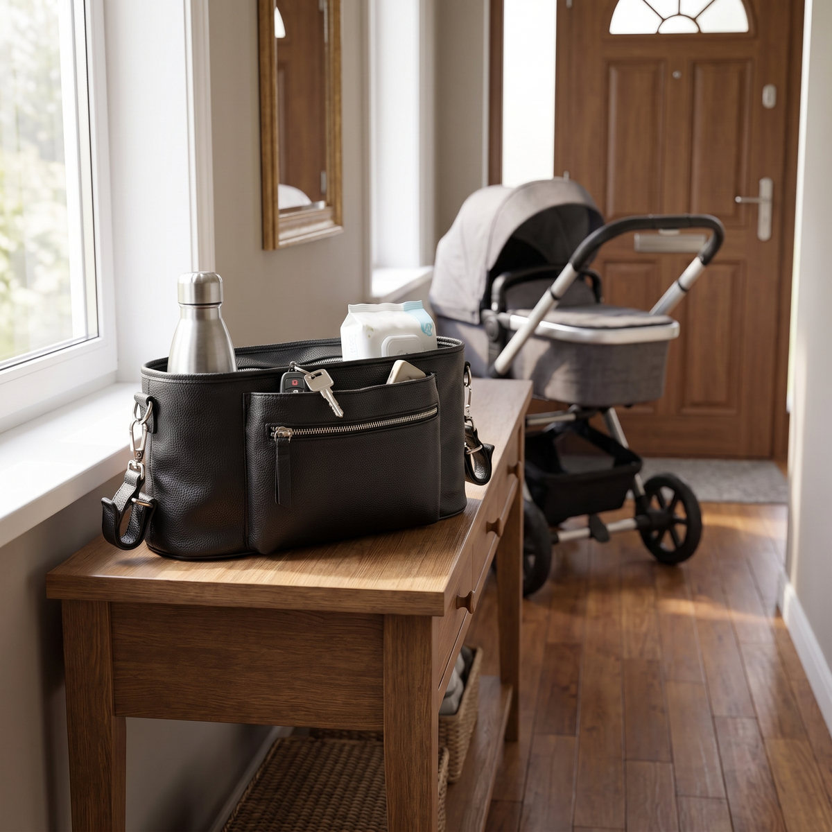 Little Teekie Compact Pram Caddy | Vegan Leather 36cm with Pram Clips – Black – styled in a park setting