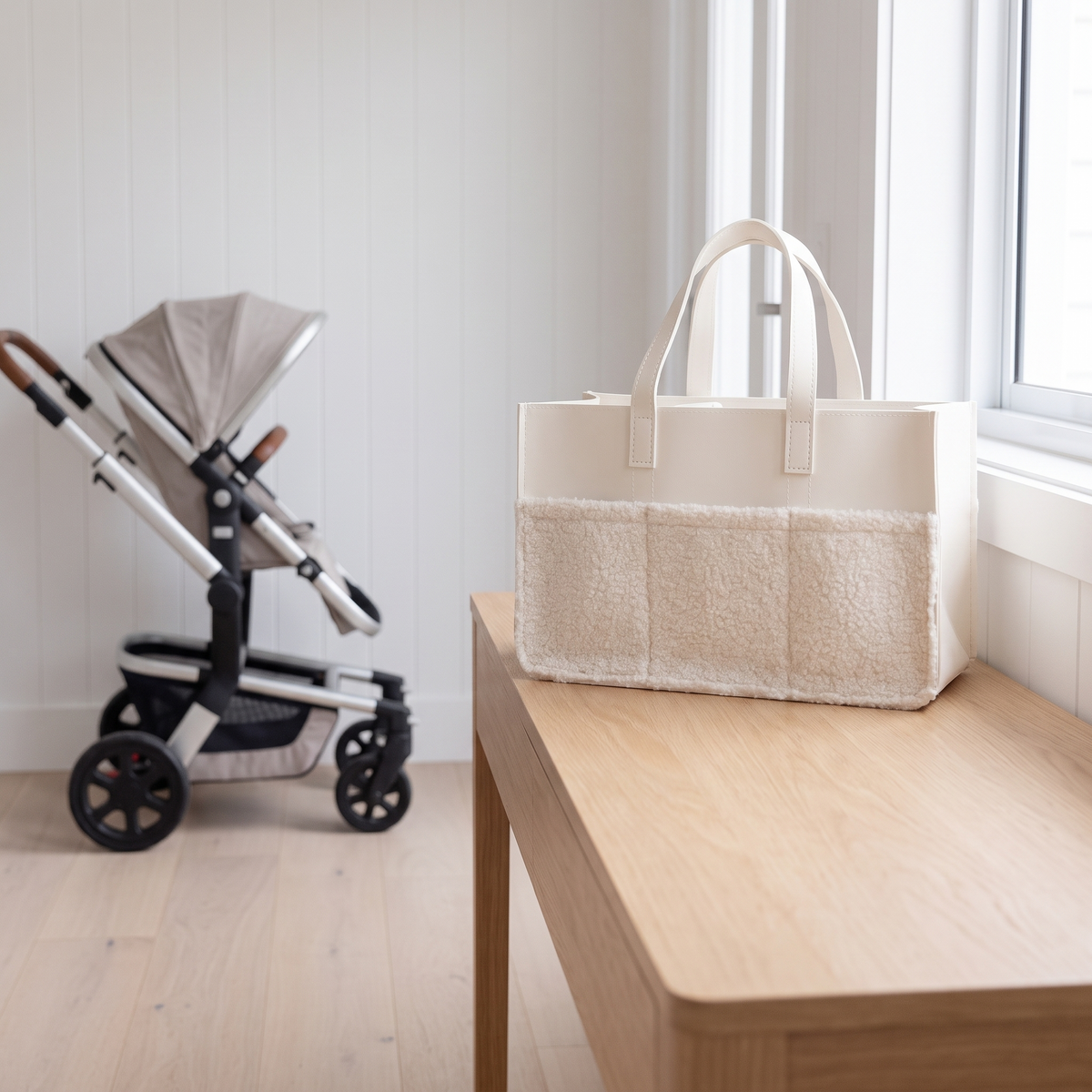 Little Teekie Nappy Caddy | Structured Vegan Leather with Pockets – Snow – lifestyle hero