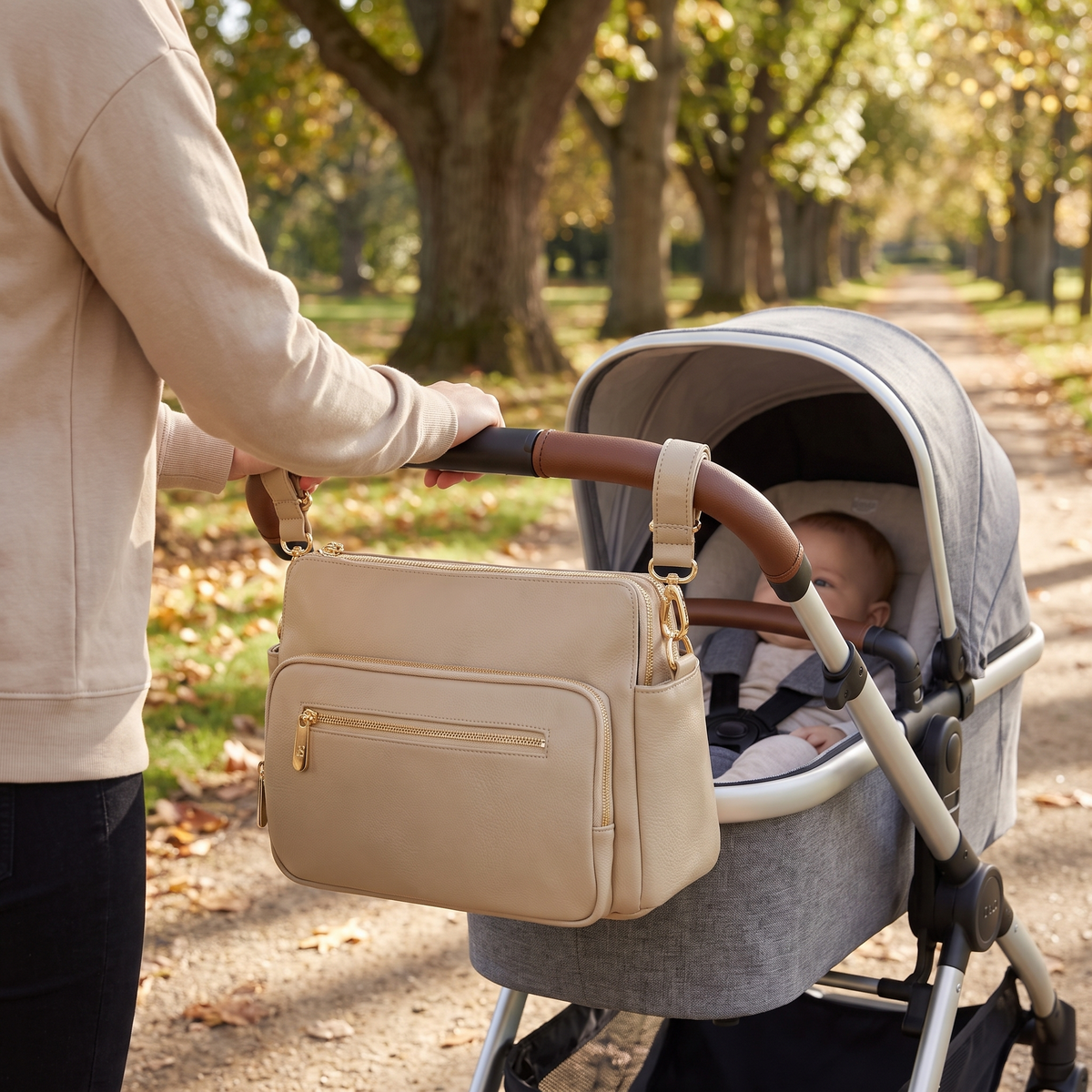 Little Teekie Convertible Pram Caddy | Vegan Leather with Shoulder Strap – Oat – in use, shows scale