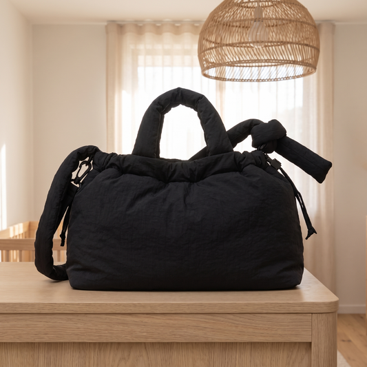 Little Teekie Recycled Nylon Pram Caddy | Lightweight Baby Bag – Black – lifestyle hero