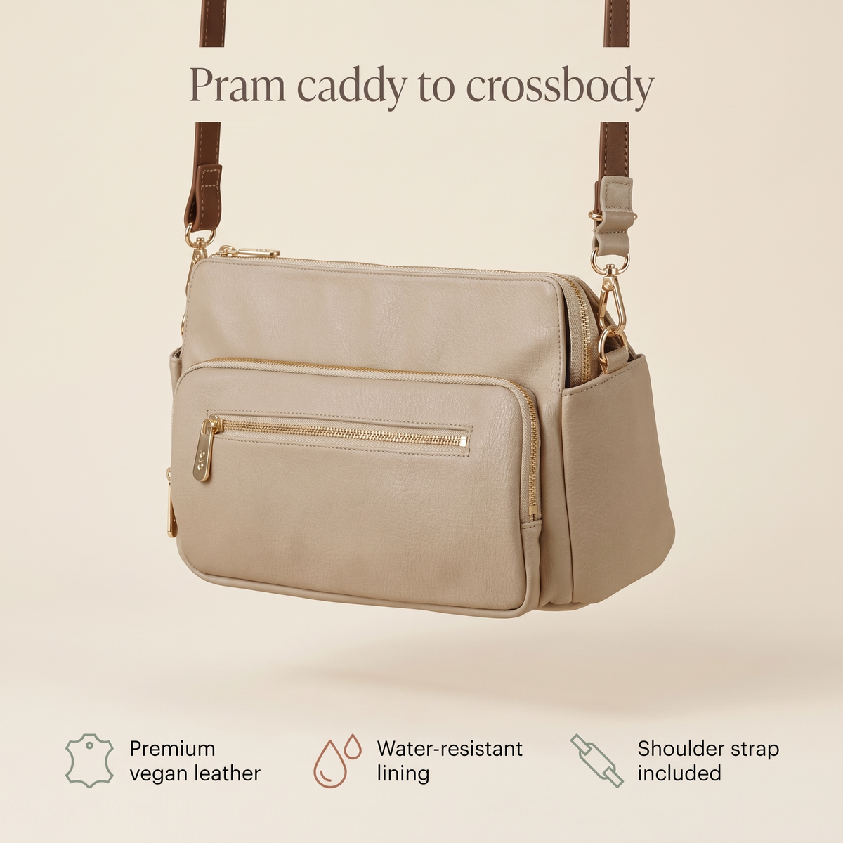 Little Teekie Convertible Pram Caddy | Vegan Leather with Shoulder Strap – Oat – key features