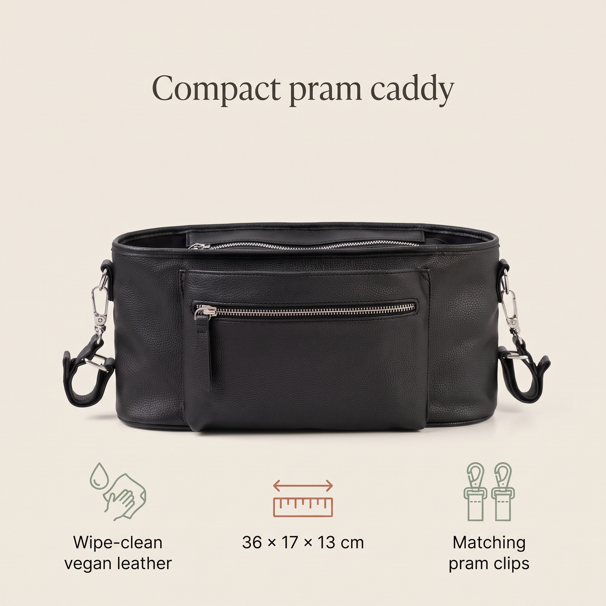 Little Teekie Compact Pram Caddy | Vegan Leather 36cm with Pram Clips – Black – key features