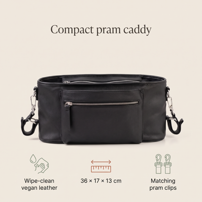 Little Teekie Compact Pram Caddy | Vegan Leather 36cm with Pram Clips – Black – key features
