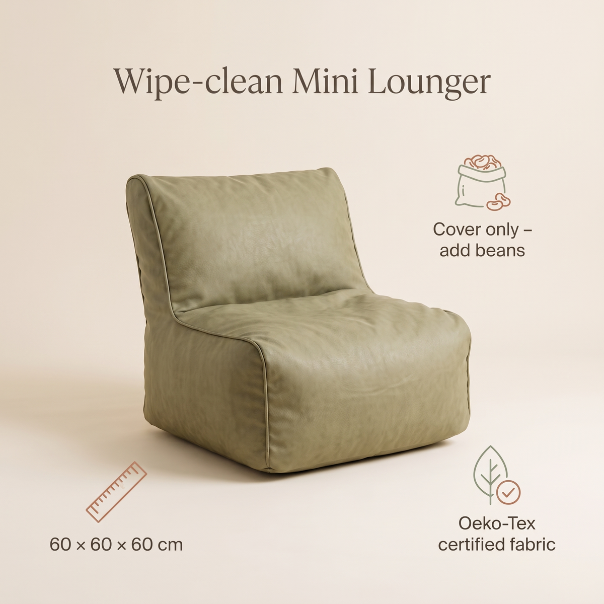 Little Teekie Kids Bean Bag Lounger Cover | Vegan Leather Cube 60cm – Sage – key features
