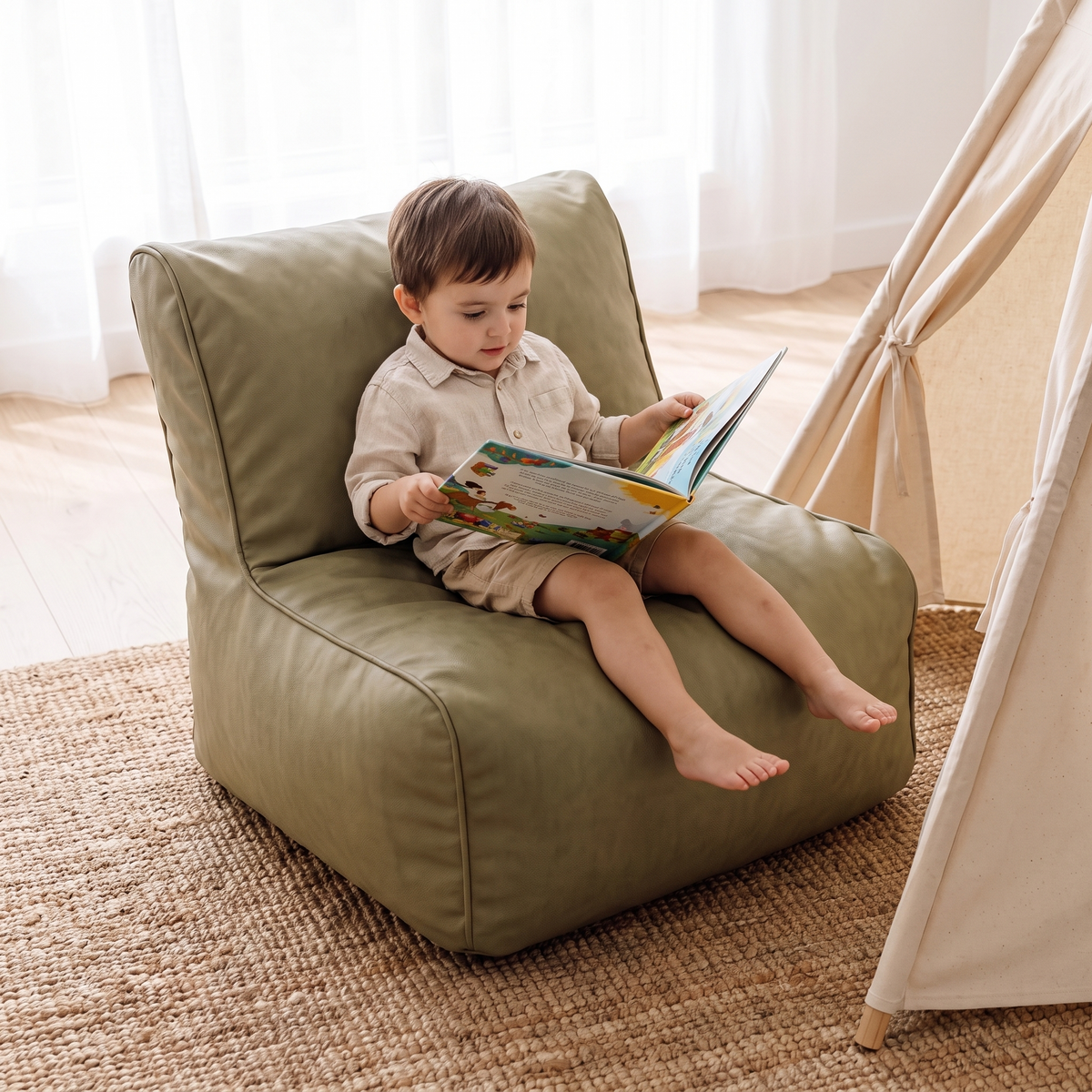 Little Teekie Kids Bean Bag Lounger Cover | Vegan Leather Cube 60cm – Sage – in use, shows scale