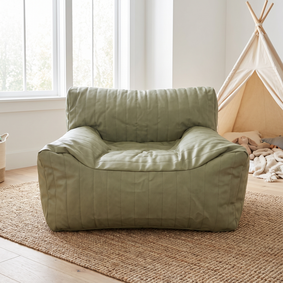 Little Teekie Kids Bean Bag Lounger Cover | Vegan Leather 85x75x60cm with Cotton Insert – Sage – lifestyle hero