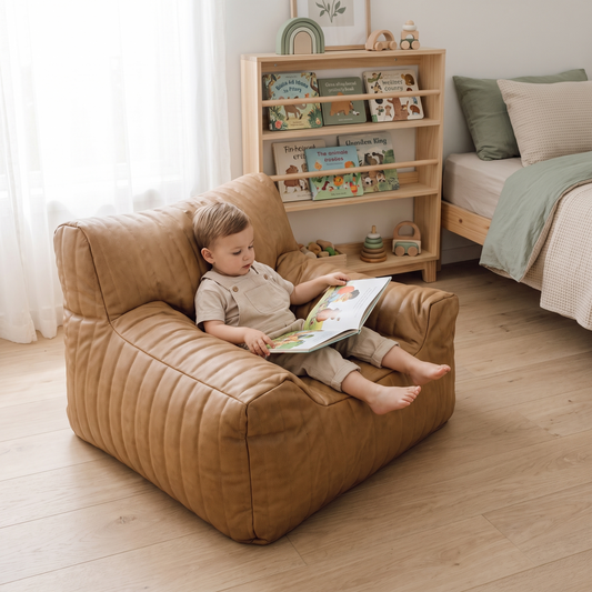 Little Teekie Kids Bean Bag Lounger Cover | Vegan Leather 85x75x60cm with Cotton Insert – Camel – in use, shows scale