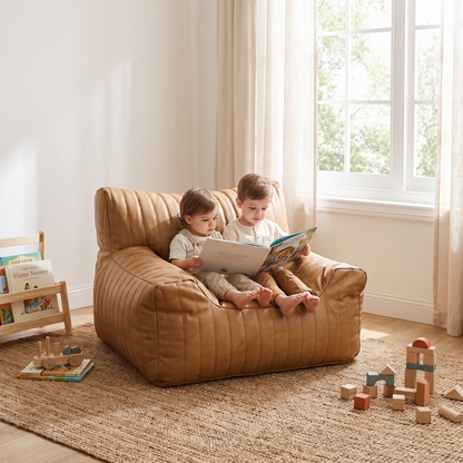 Little Teekie Kids Bean Bag Lounger Cover | Vegan Leather 85x75x60cm with Cotton Insert – Camel – styled in a living room