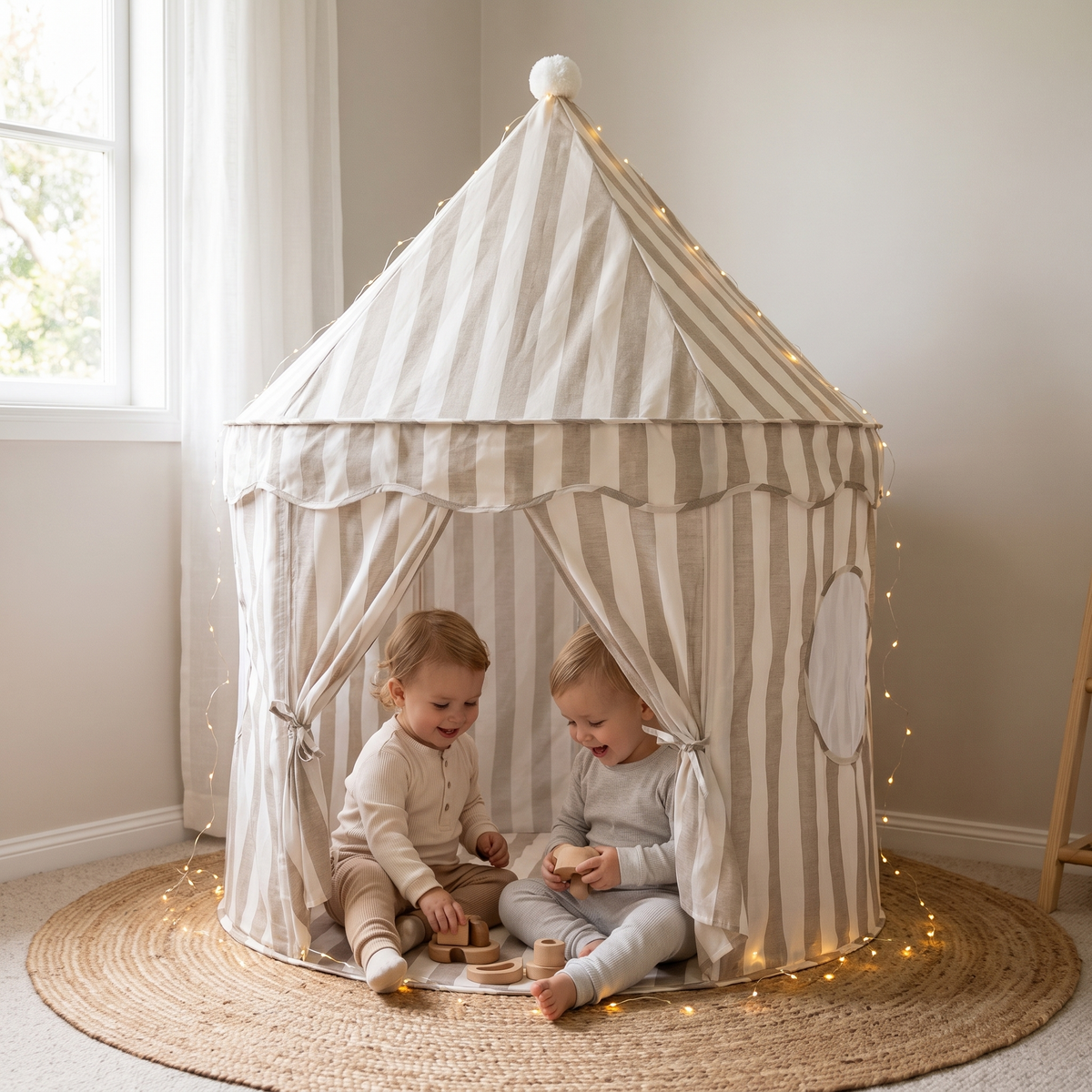 Little Teekie Pop-Up Play Tent | Cotton, Mesh Windows & Pom-Pom Roof – Sage Stripe – in use, shows scale
