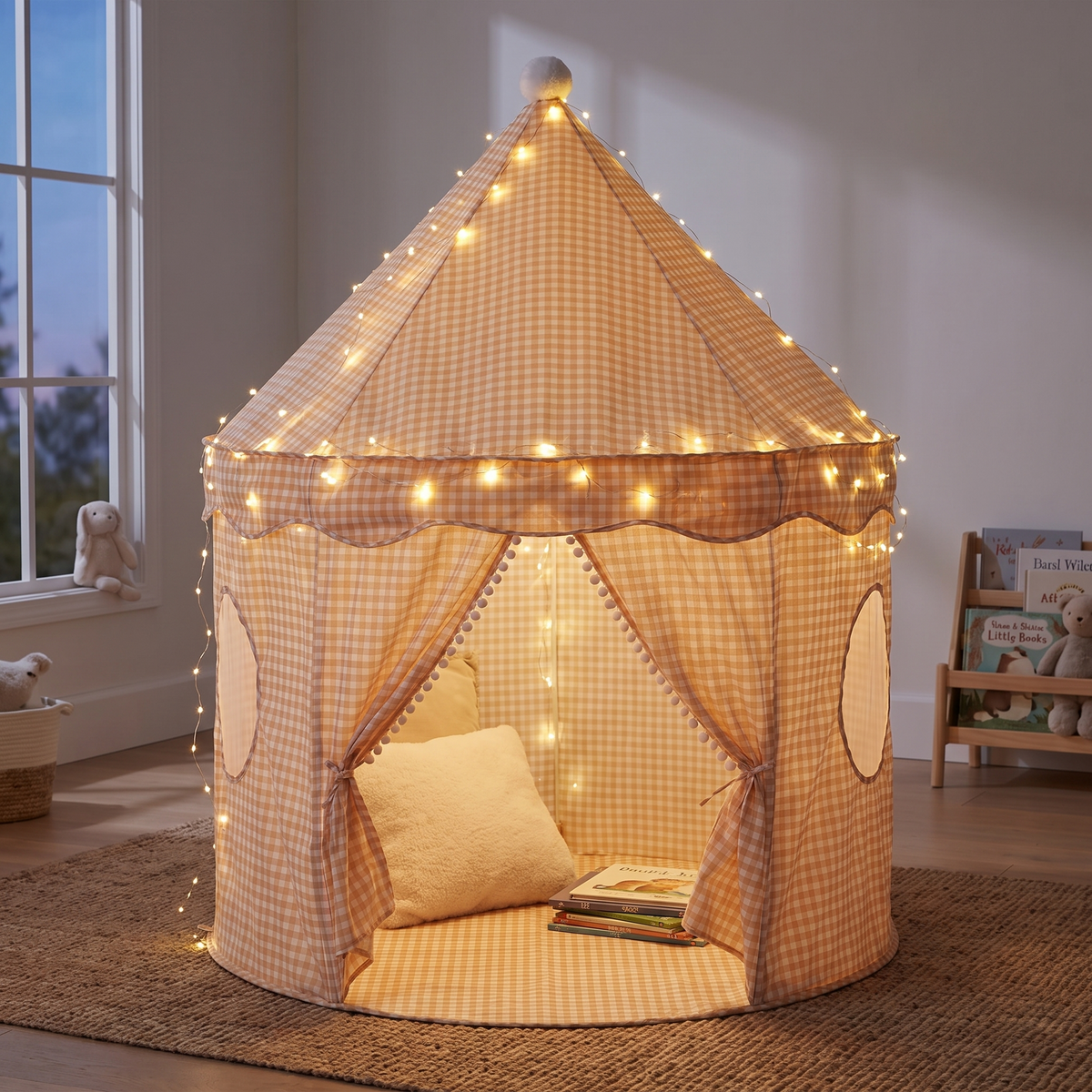Little Teekie Pop-Up Play Tent | Cotton, Mesh Windows & Pom-Pom Roof – Peach Gingham – styled in a playroom