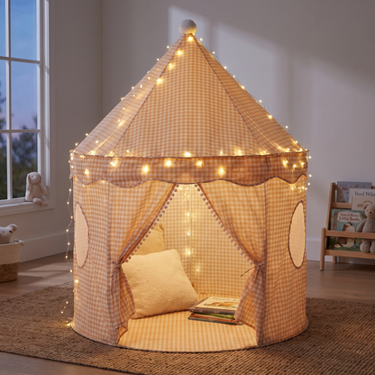Little Teekie Pop-Up Play Tent | Cotton, Mesh Windows & Pom-Pom Roof – Peach Gingham – styled in a playroom