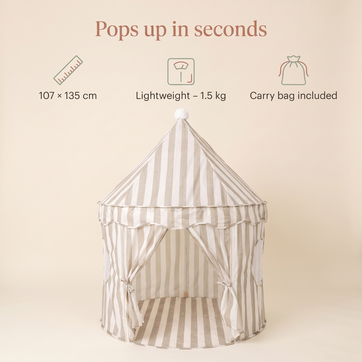 Little Teekie Pop-Up Play Tent | Cotton, Mesh Windows & Pom-Pom Roof – Sage Stripe – key features