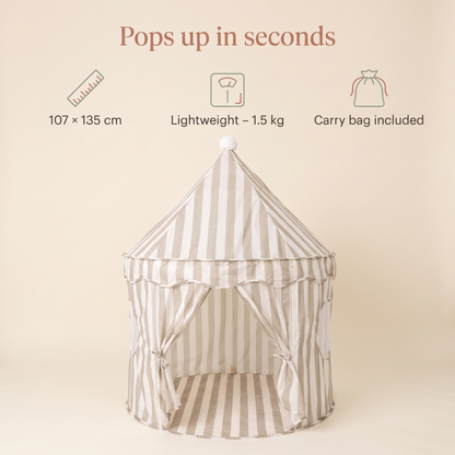 Little Teekie Pop-Up Play Tent | Cotton, Mesh Windows & Pom-Pom Roof – Sage Stripe – key features