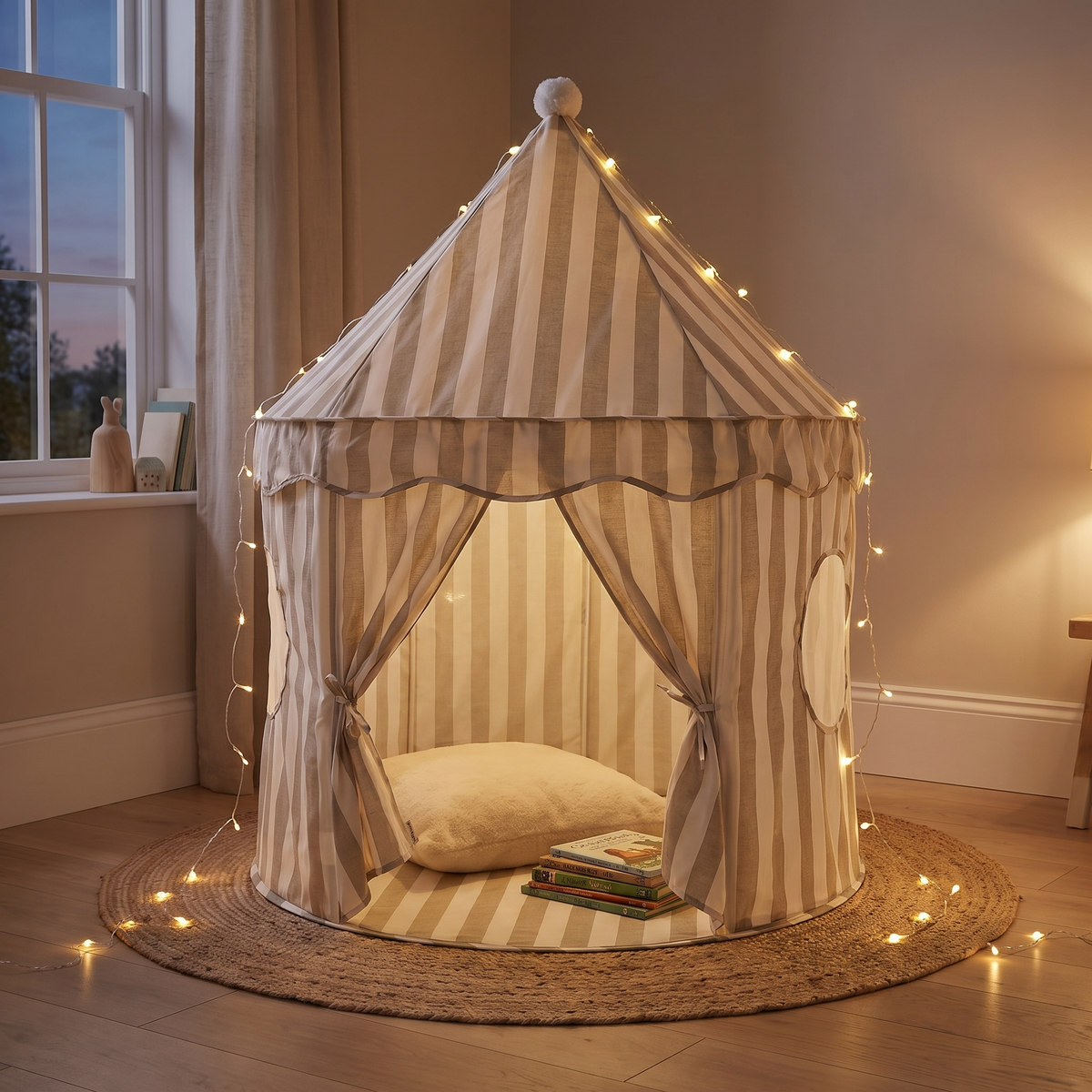 Little Teekie Pop-Up Play Tent | Cotton, Mesh Windows & Pom-Pom Roof – Sage Stripe – styled in a playroom