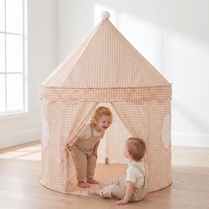 Little Teekie Pop-Up Play Tent | Cotton, Mesh Windows & Pom-Pom Roof – Peach Gingham – in use, shows scale