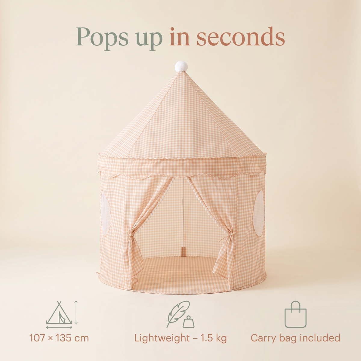 Little Teekie Pop-Up Play Tent | Cotton, Mesh Windows & Pom-Pom Roof – Peach Gingham – key features