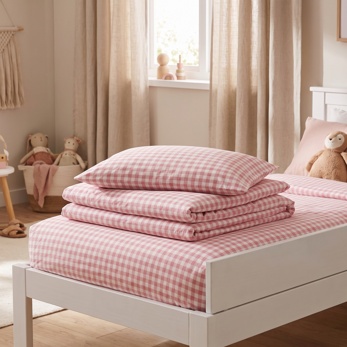 Little Teekie Gingham Organic Cotton Quilt Cover | Single 140x210cm – Candy Pink – styled in a kids' bedroom