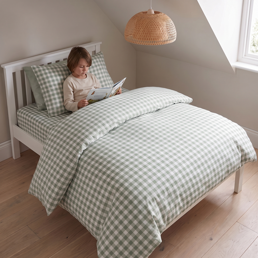 Little Teekie Gingham Organic Cotton Quilt Cover | Single 140x210cm – Sage – in use, shows scale