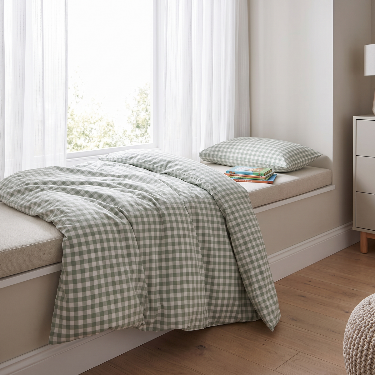 Little Teekie Gingham Organic Cotton Quilt Cover | Single 140x210cm – Sage – styled in a kids' bedroom
